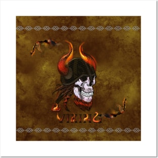 Awesome viking skull with helmet, viking ship and flame Posters and Art